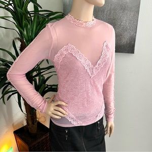 Guess Light Pink Long Sleeve Lace & Mesh Top